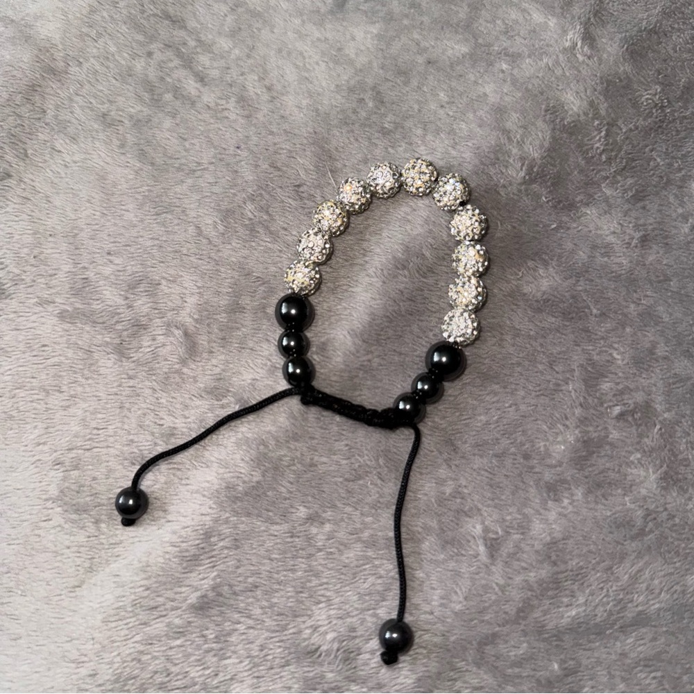 Black and Silver Beaded Bracelet with fake diamonds/ stones